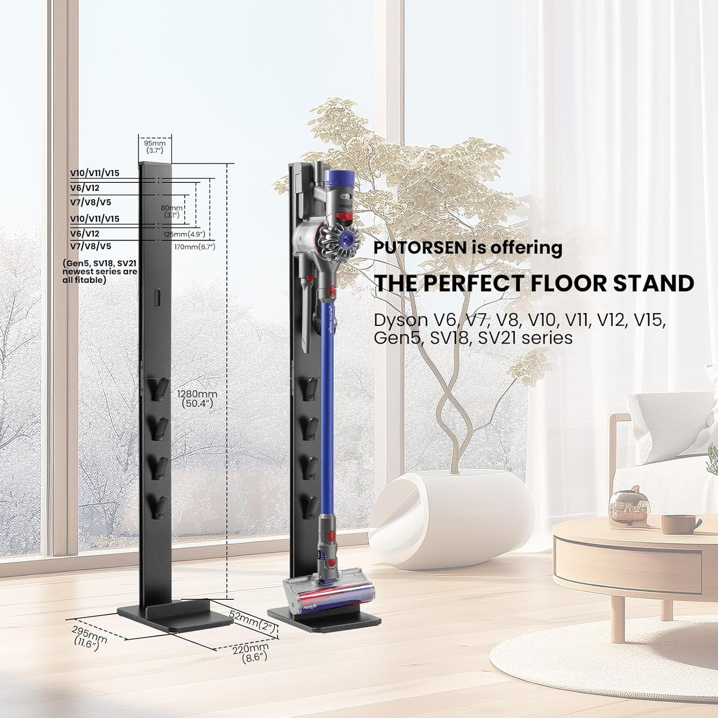 PUTORSEN Premium Aluminum Vacuum Stand Storage Dock Dockings Station, for Dyson SV21 SV18 Gen5 V15 V12 V11 V10 V8 V7 V6 Cordless Stick Vacuum Cleaner & Accessary, Storage Bracket Organizer Rack,Black