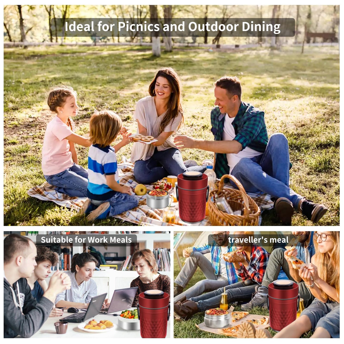 YRPOMJV 67oz Thermos for Hot Food,3-Layer Sealed Stackable Food Thermos,with Lunch Bag Soup Thermos Wide Mouth,It Is Suitable for Daily Office Meals, and Outdoor Meals (Red+Navy Insulated Bags)