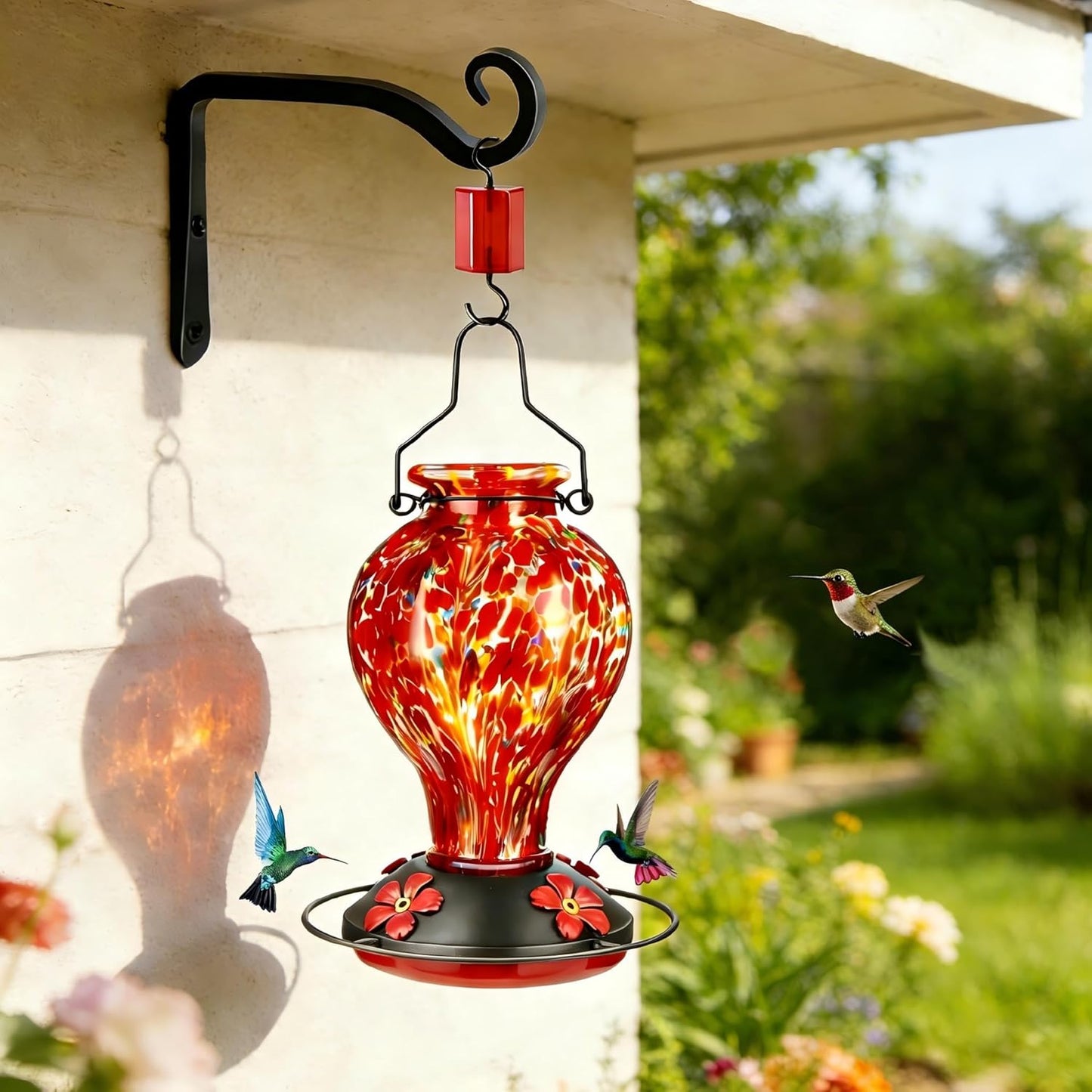 Skiennix Hand Blown Glass Hummingbird Feeder - 24oz Outdoor Nectar Feeder with Ant Moat & Bee-Resistant Ports | Red Polka Dots Garden Decor Gift for Moms