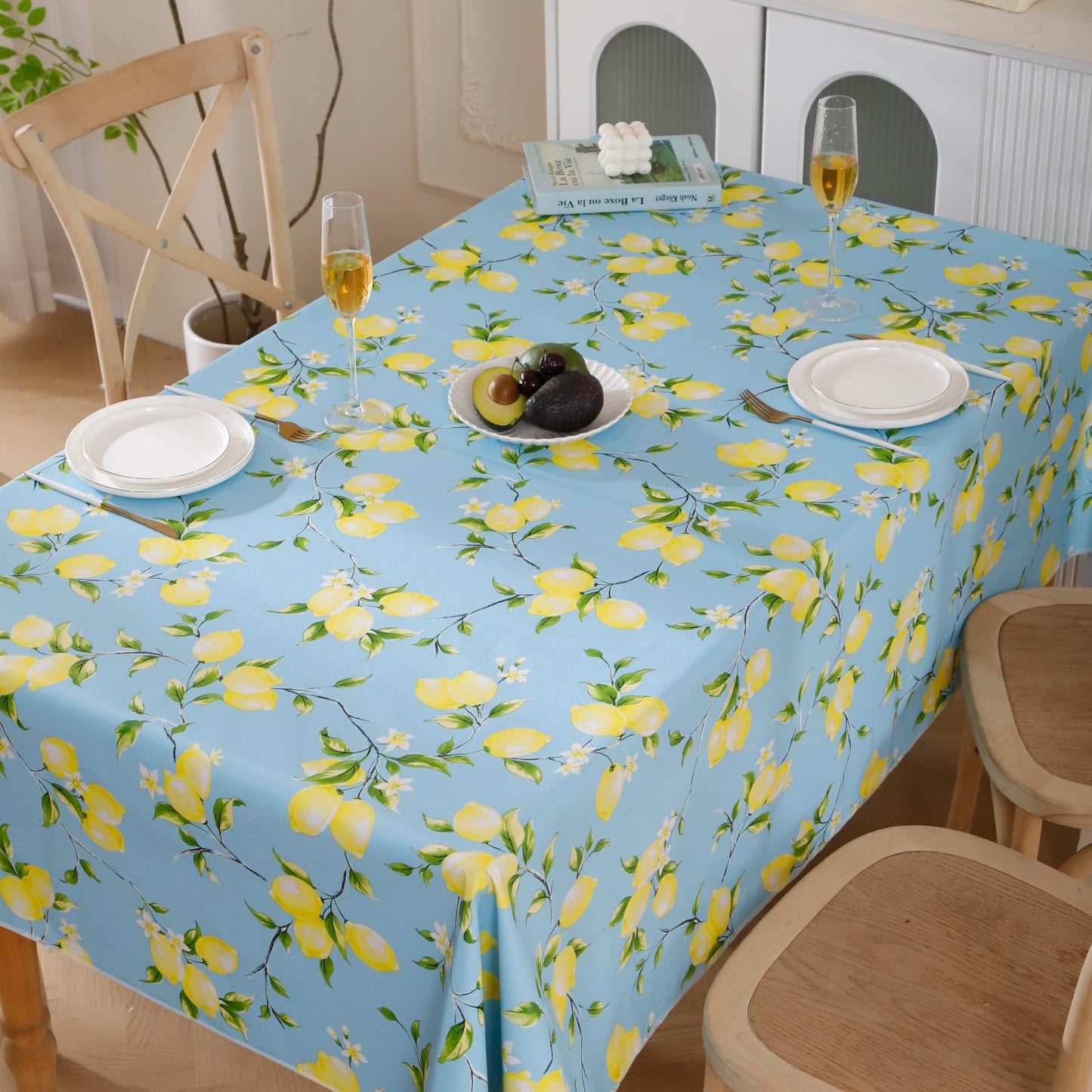 Walrus Heavy Duty Vinyl Tablecloth with Flannel Backing Waterproof Oil-Proof Plastic Table Cloth Stain-Resistant Wipeable Rectangle or Square Table Cover for Indoor and Outdoor (Lemon, 52x70 Inch)