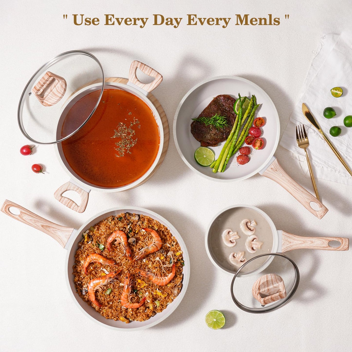 SODAY 12 Pcs Pots and Pans Set Non Stick, Cookware Sets White Granite Induction Cookware, Non-toxic Healthy Nonstick Kitchen Cooking Set with Frying Pan Set, Saucepans (PFAS/PFOA/PFOS Free)