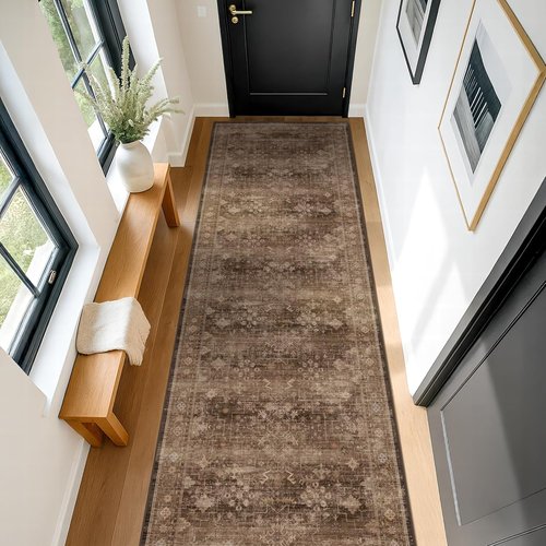Boho Washable 2x8 Long Rug - Non-Skid Floral Vintage Carpet for Hallway & Kitchen | Soft, Stain-Resistant Mat (Gold Brown)
