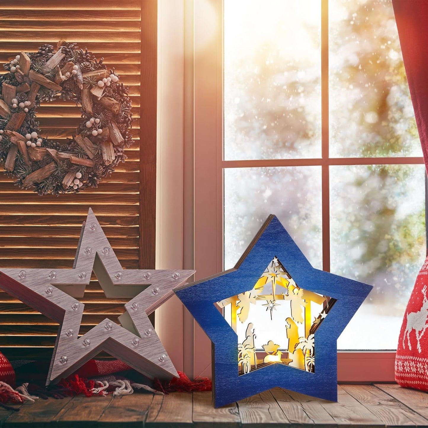 Wooden Nativity Scene Set - Rustic Christmas Tabletop Decoration with LED Light | Blue & White