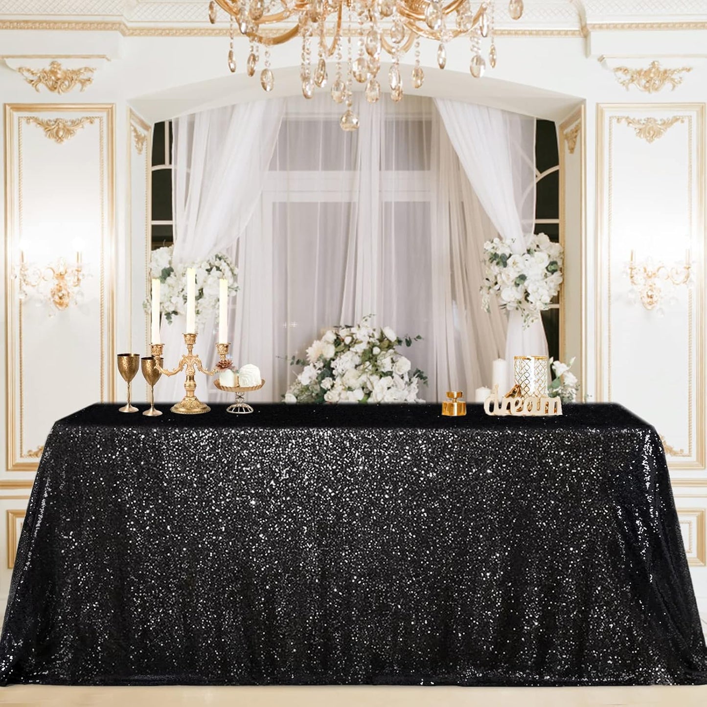 Black Sequin Tablecloth 60x102 inches - Glitter Halloween & Wedding Linens
