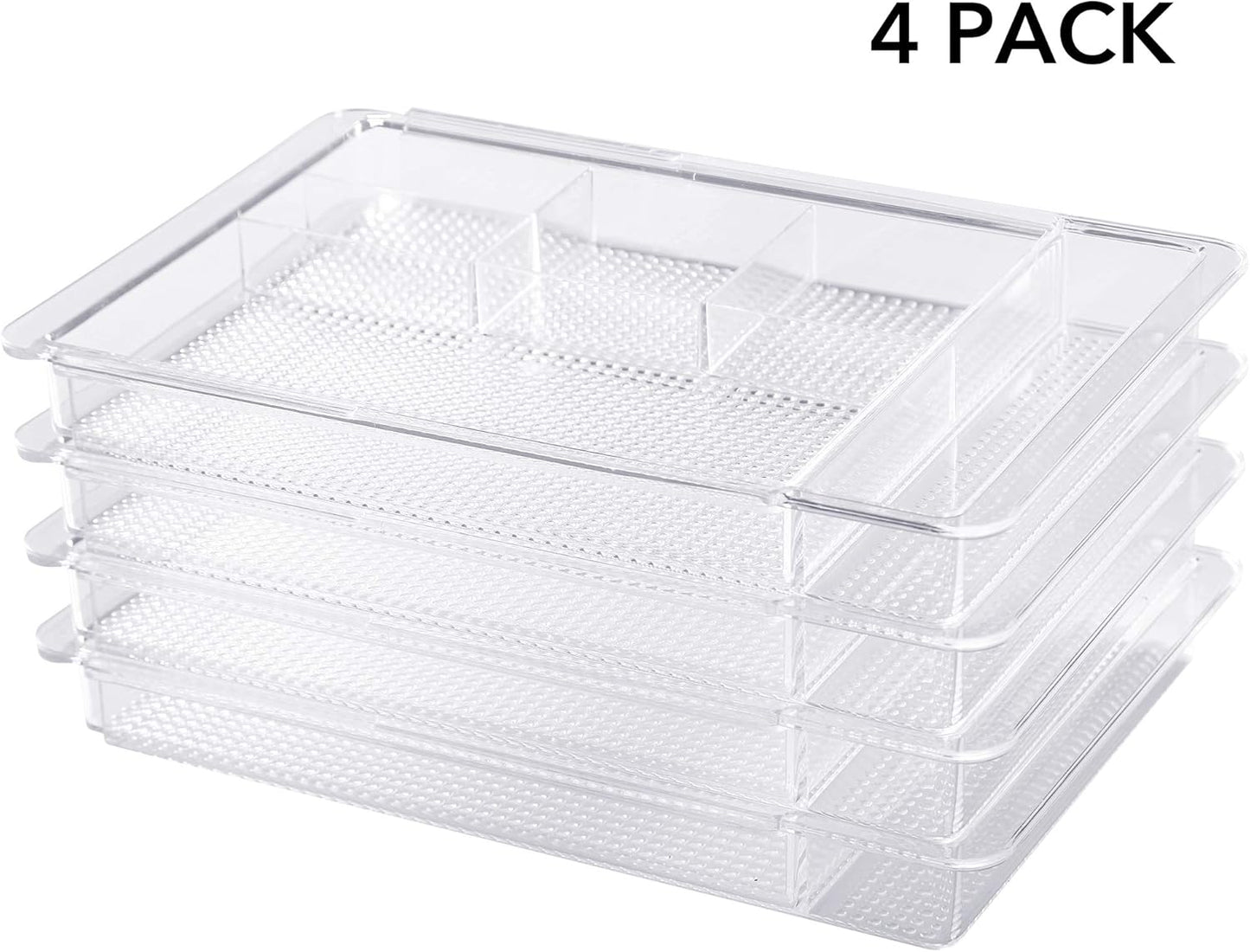 Oubonun Expandable Drawer Organizer - Shallow Cosmetic Storage Trays | 11.1” to 19.2” Width, 4 Pack, Clear