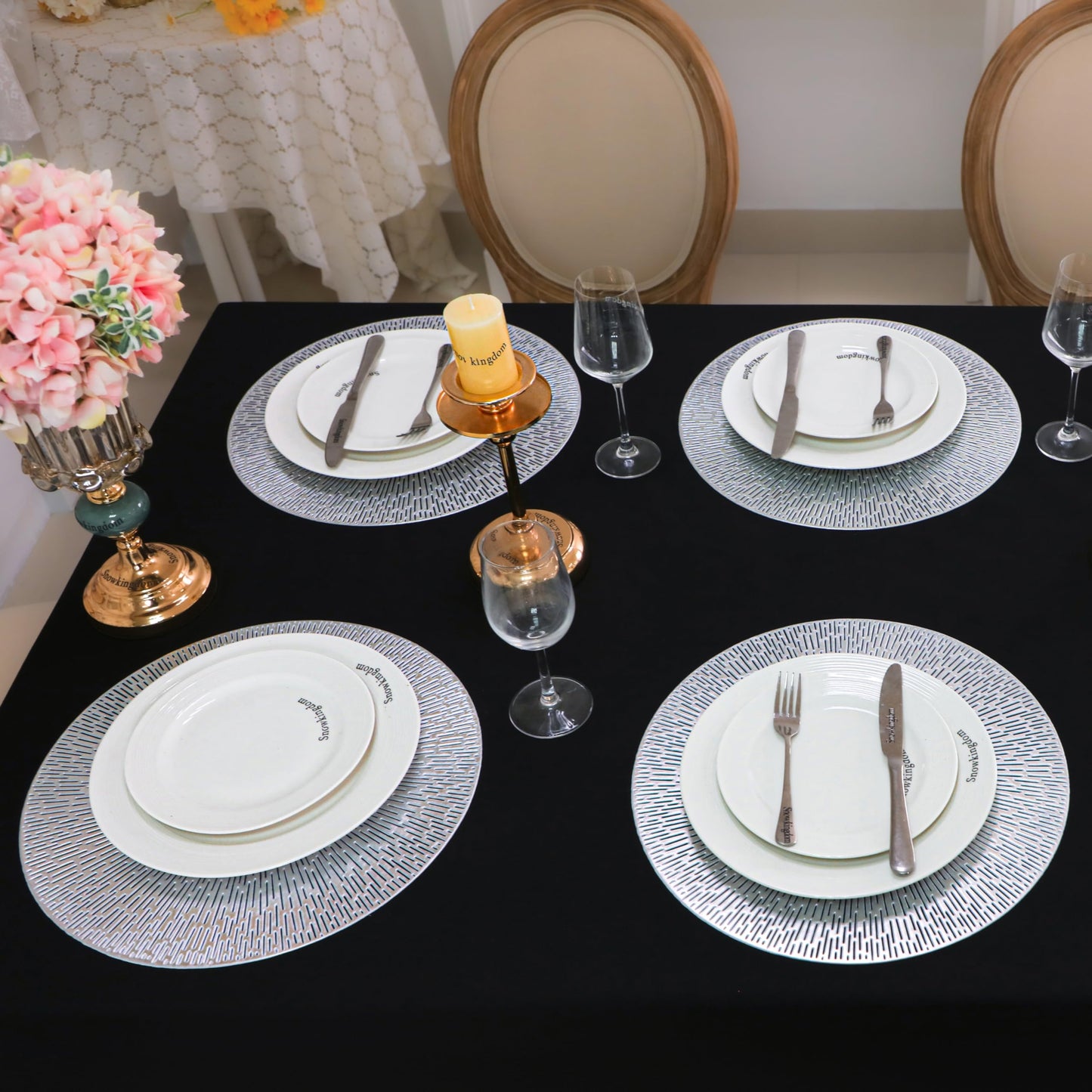 Snowkingdom Silver Round Placemats Set of 6, 15 Inch Metallic Pressed Vinyl Place Mats, Easy Clean Non Slip Heat Resistant Washable PVC Hollow Out Table Mats for Dinner Party Table Decoration