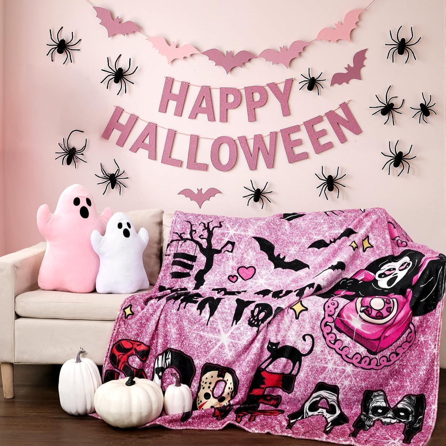Halloween Throw Blanket Pink: Ultra Soft Ghost Flannel Blanket with Horror Movie 60"x 60", Lightweight Plush Comfy Blanket Halloween Decor for Bed, Couch, Sofa, Living Room, Office, Indoor