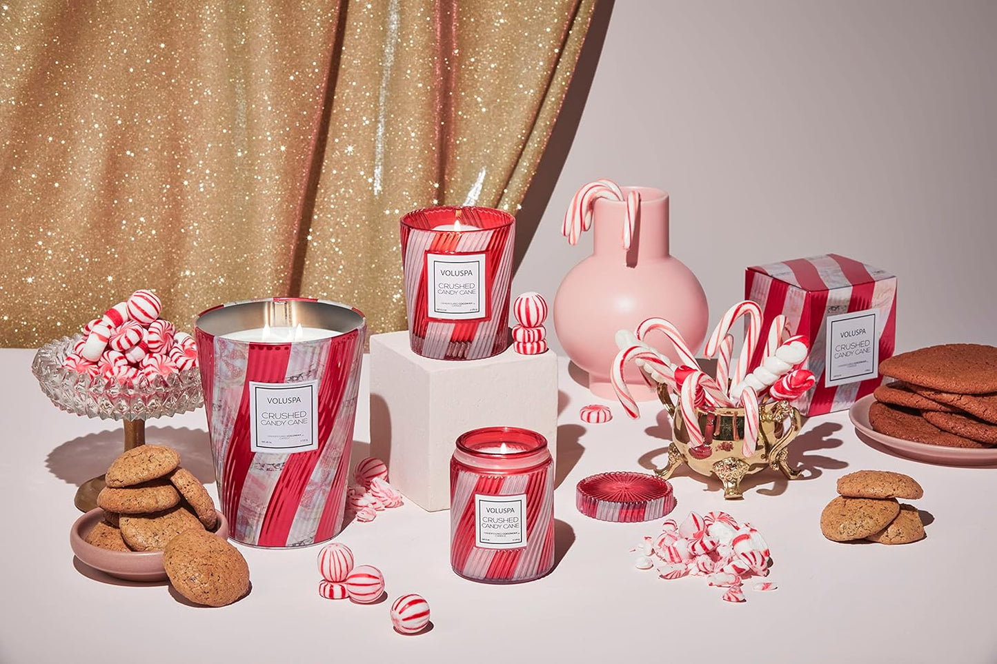 Voluspa Crushed Candy Cane Candle, Large Jar, 18 Oz, 100 Hour Burn Time, Coconut Wax, Holiday Candle