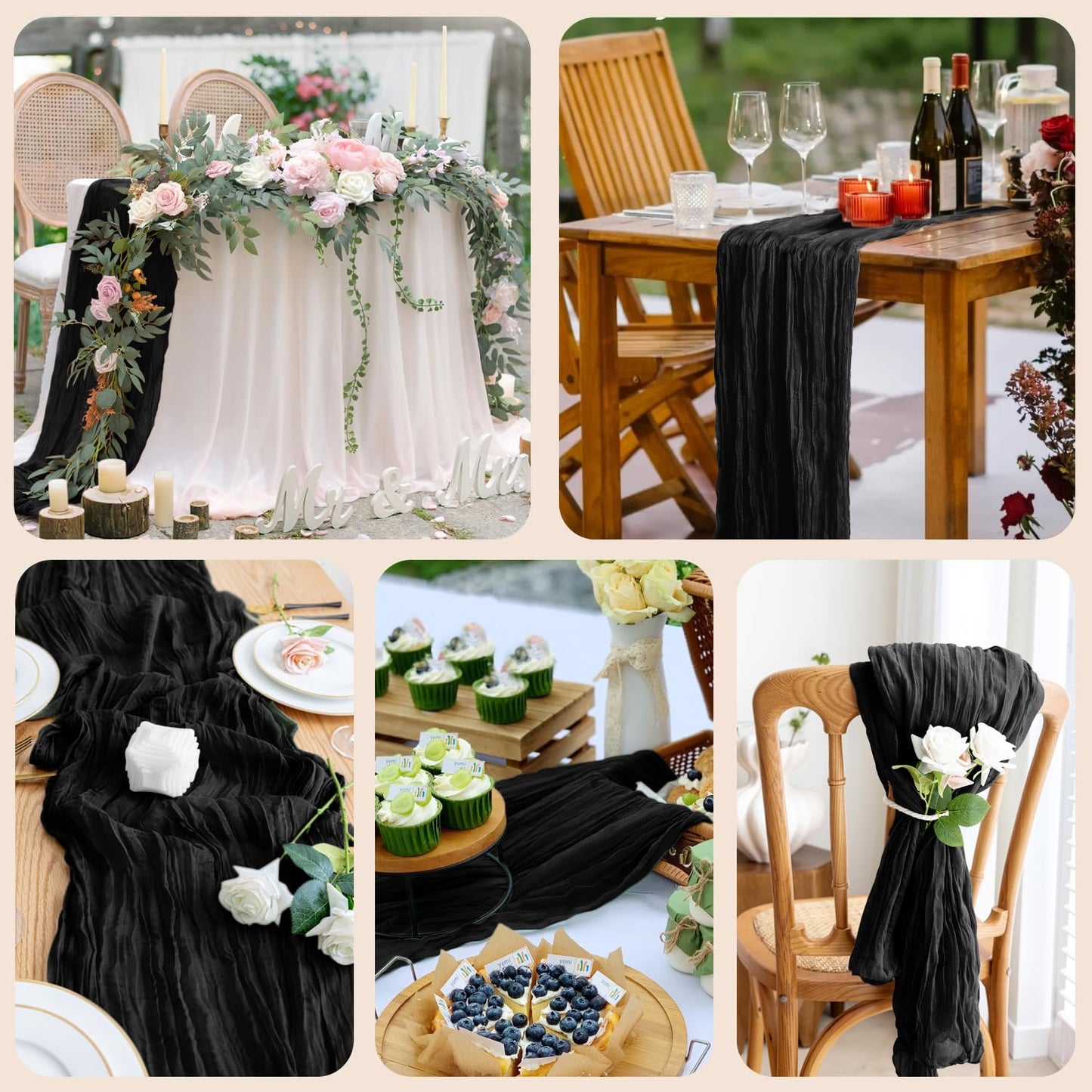 Xiomot Table Runner Cheesecloth 10FT Black Boho Gauze Cheese Cloth Rustic Sheer Table Runners for Wedding Birthday Bridal Baby Shower Party Decoration