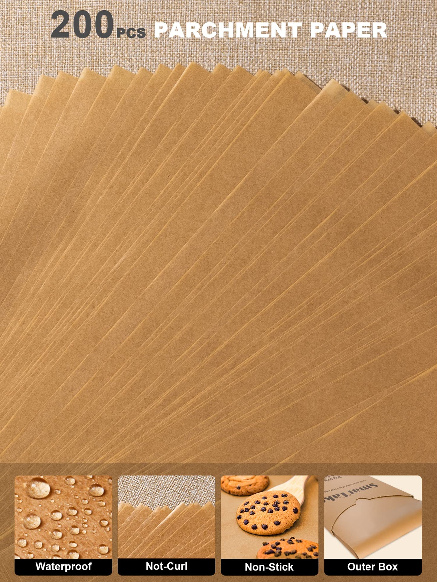 SMARTAKE 200 Pcs Parchment Paper Baking Sheets, 16x24 Inches Non-Stick Precut Baking Parchment, for Baking Grilling Air FSteaming Bread Cup Cake Cookie and More (Unbleached)