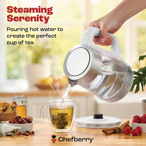 Electric Kettle for Boiling Hot Tea & Water | 1.7L Stainless Steel Borosilicate Glass Boiler With No Plastic, Automatic Shutoff, BPA Free, Fast Heating Technology (White)