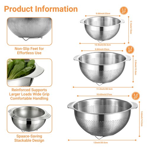 Colanders & Food Strainers,304 Stainless Steel Colander,3 Pcs Kitchen Strainers(2.5QT, 3.5QT, 5QT) for Pasta, Rice, Vegetables,Dishwasher Safe Metal Colander with Handles,Kitchen Gift
