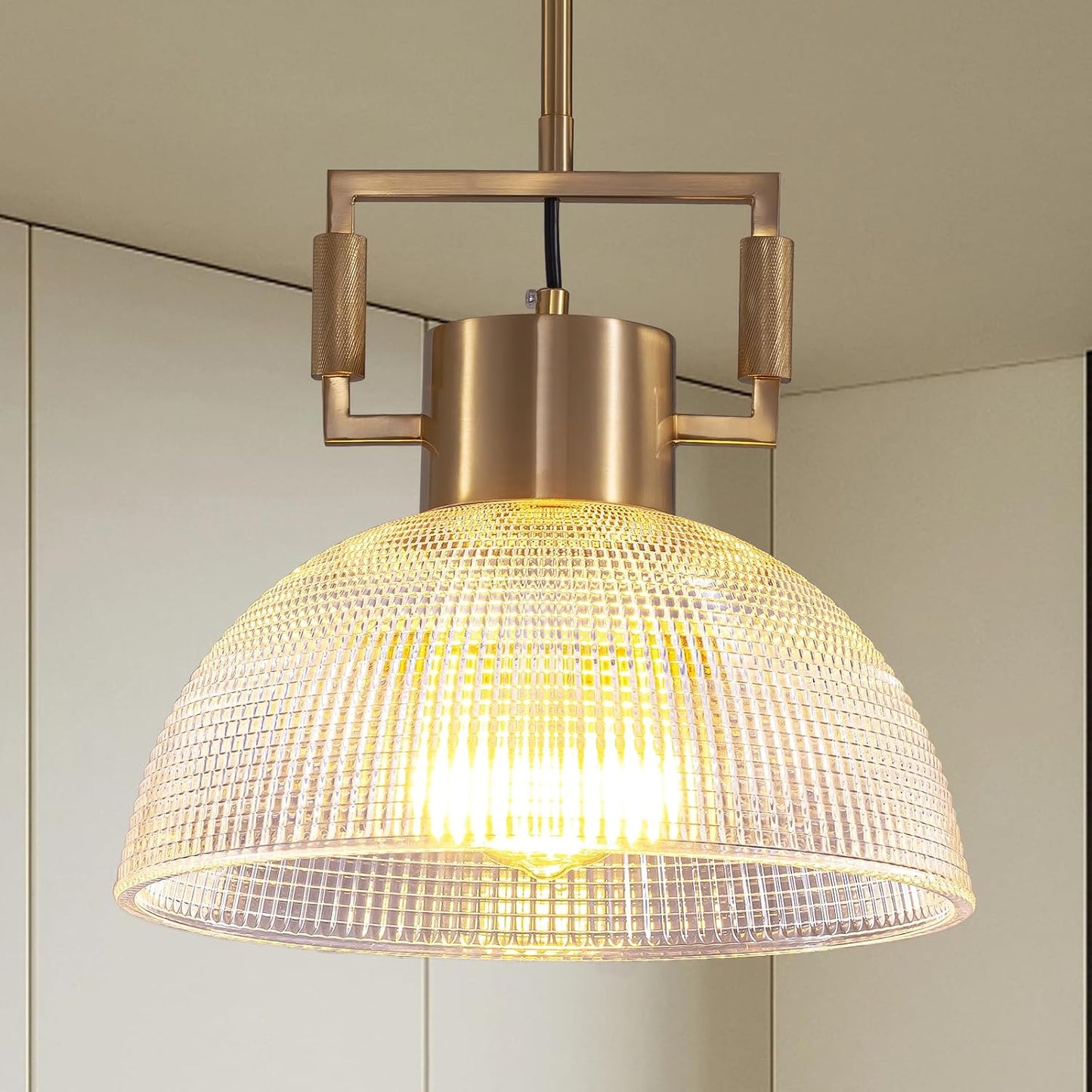 Pendant Lights Kitchen Island, 11.8" Gold Glass Pendant Lights Modern Vintage Fluted Large Dome Shade Brass Island Lights for Kitchen Dining Room Hallway Bedroom Restaurant.