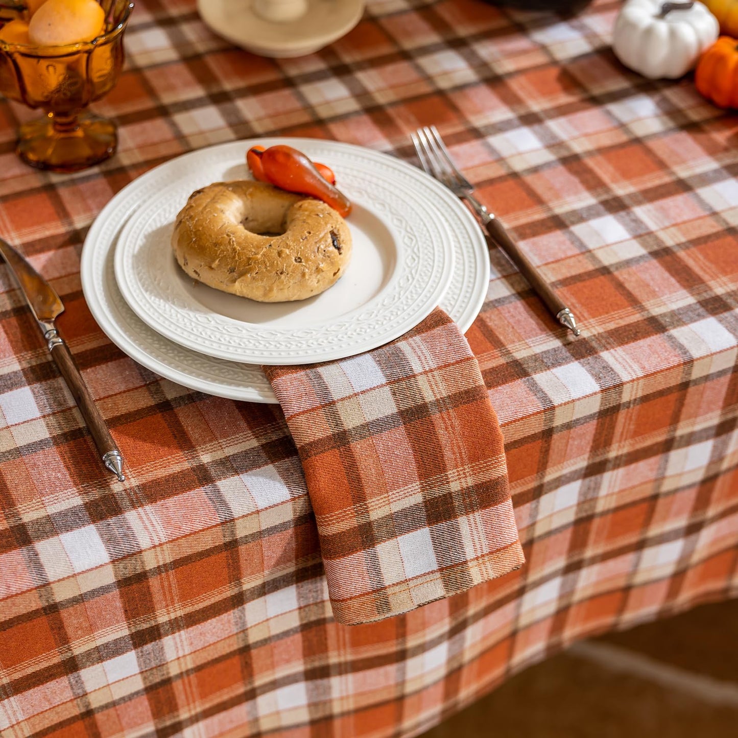 Joyfol Day 55x102 Inch Thanksgiving Tablecloth - Rust Tartan Rectangle Table Cover, Washable Fall Decor for Holiday Parties (Kitchen/Dining)