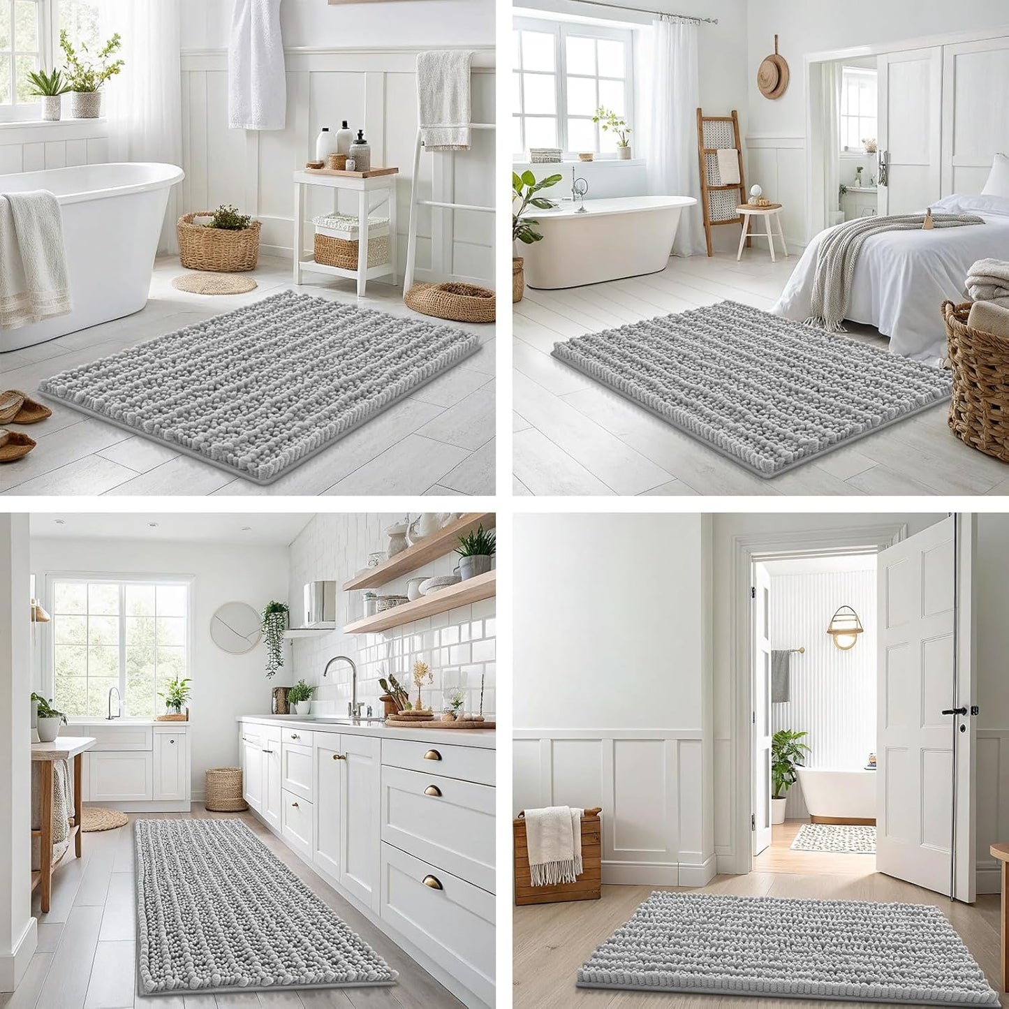Smiry Bathroom Rugs - Extra Soft Chenille Bath Mat with Non-Slip Backing | 24x16 Light Grey