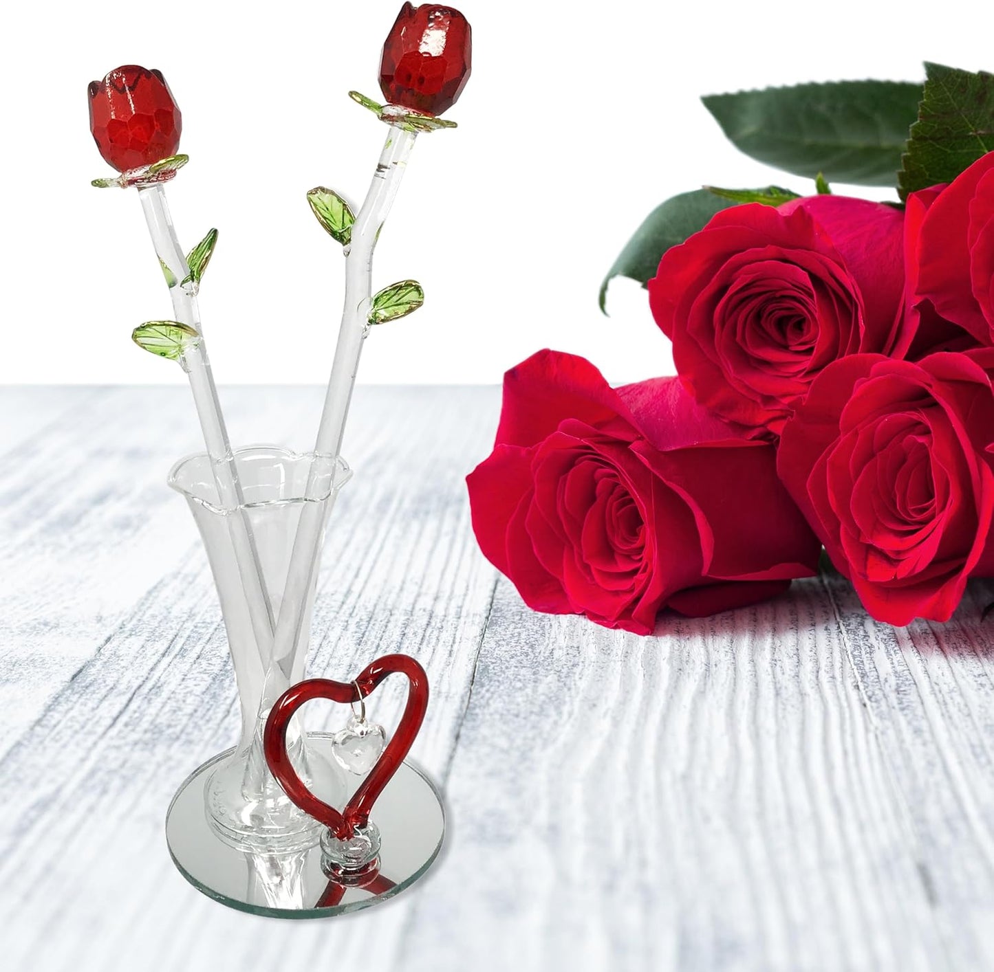 Crystal Red Roses Heart Vase Set - Forever Rose Collection for Valentine's, Mother's Day & Birthdays - 8" H