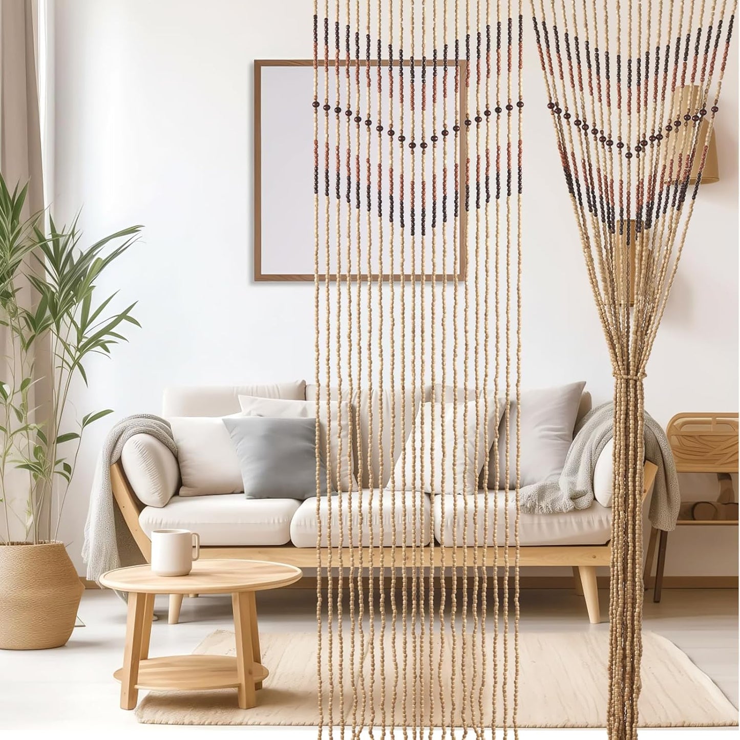 35.5" x 75" Bamboo and Wood Beaded Curtain for Doorway 52 Strands Handmade Bohemian Door Beads Curtain Boho Hanging Room Divider for Bedroom Living Home Deco, Beige