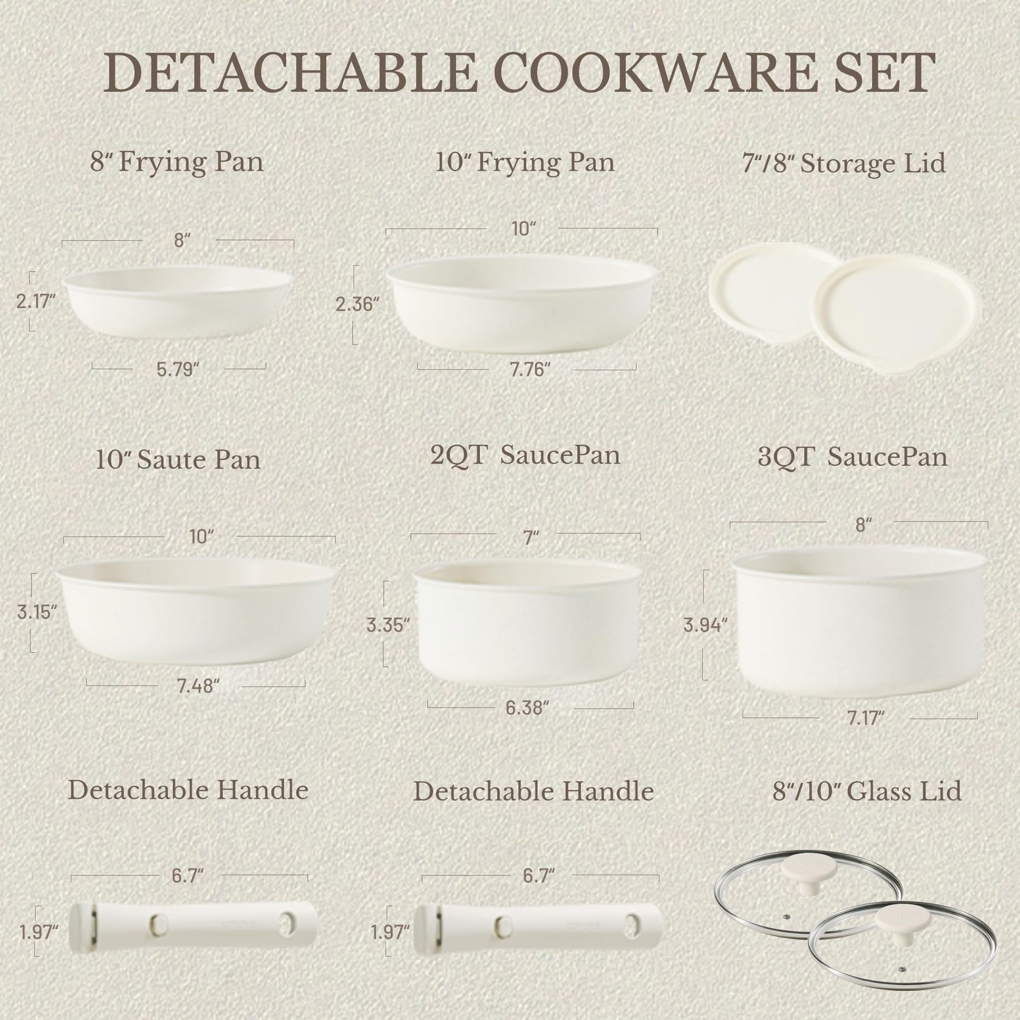 CAROTE 11pcs Pots and Pans Set, Nonstick Cookware Detachable/Removable Handle, Induction RV Kitchen Set, Oven Safe, Cream White