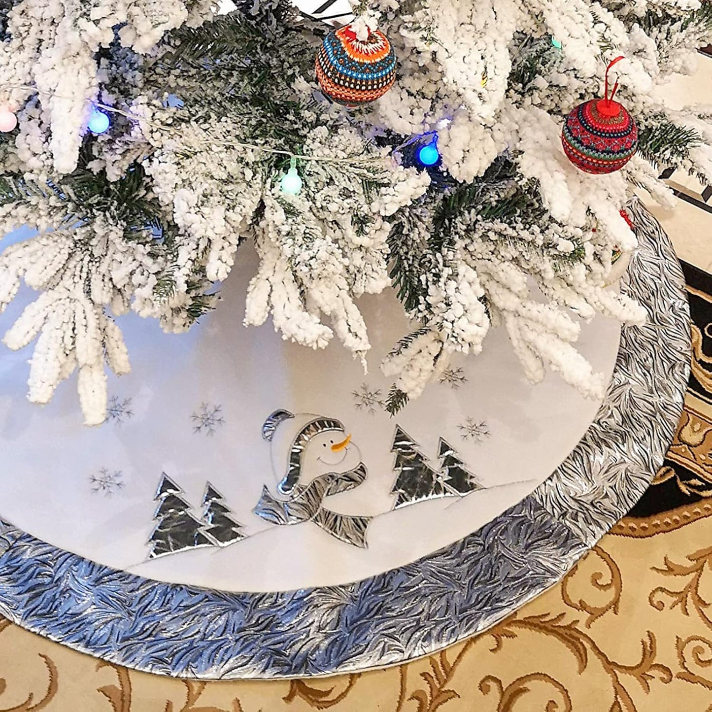 Luxury 36'' Snowman Christmas Tree Skirt - Silvery White Embroidered Snowflake with Satin Border