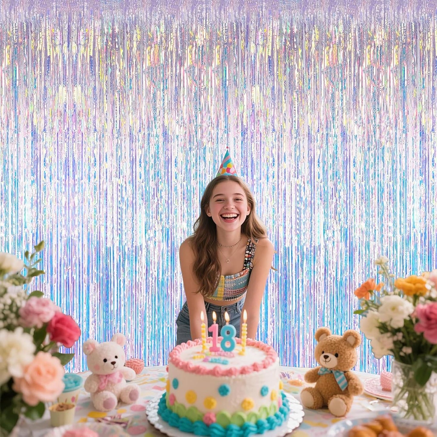 Sparkling Iridescent Party Decorations | Fringe Backdrop Tinsel Curtains - 3.28x6.56ft, 2 Packs