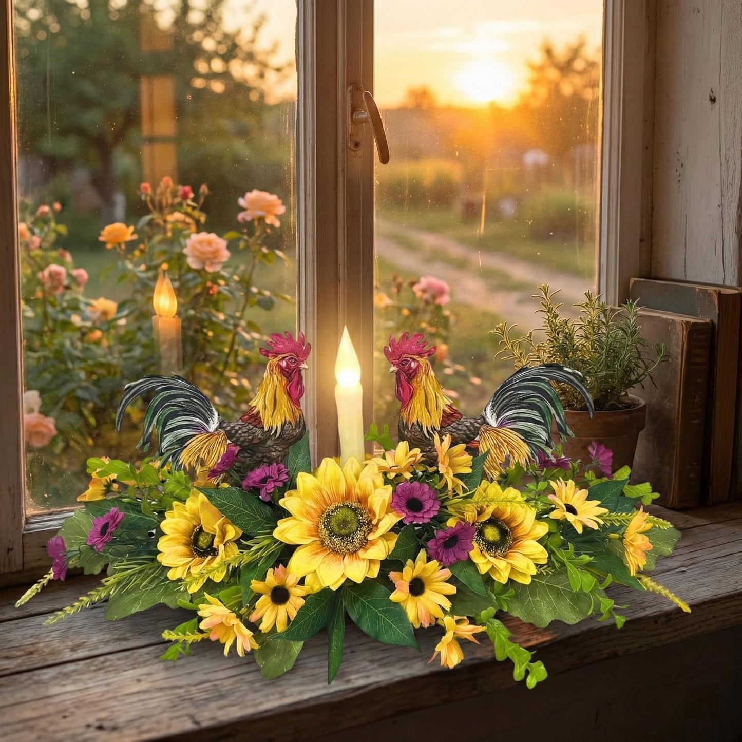 Svndlyn Rooster Kitchen Decor - Rustic Farmhouse Centerpiece with Flameless Candle & Sunflowers | Dining Table Accent