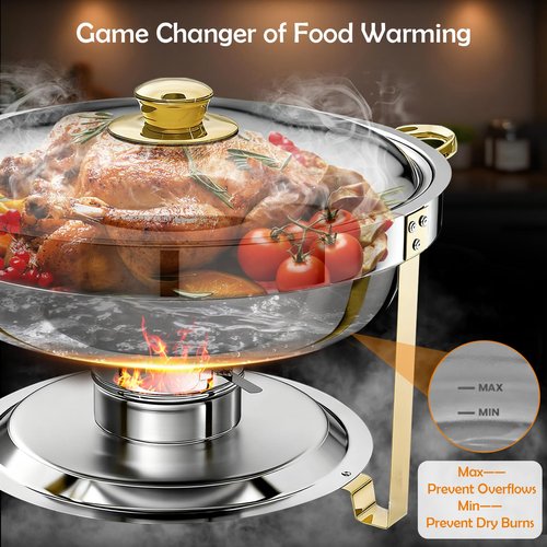 ALSO GO Round Chafing Dishes for Buffet 4 Pack, 6QT Chafing Dishes Buffet Set Gold, Catering Food Warmer for Parties Buffet with Full Size Chafing Pans, Stainless Steel Warming Trays for Thanksgiving