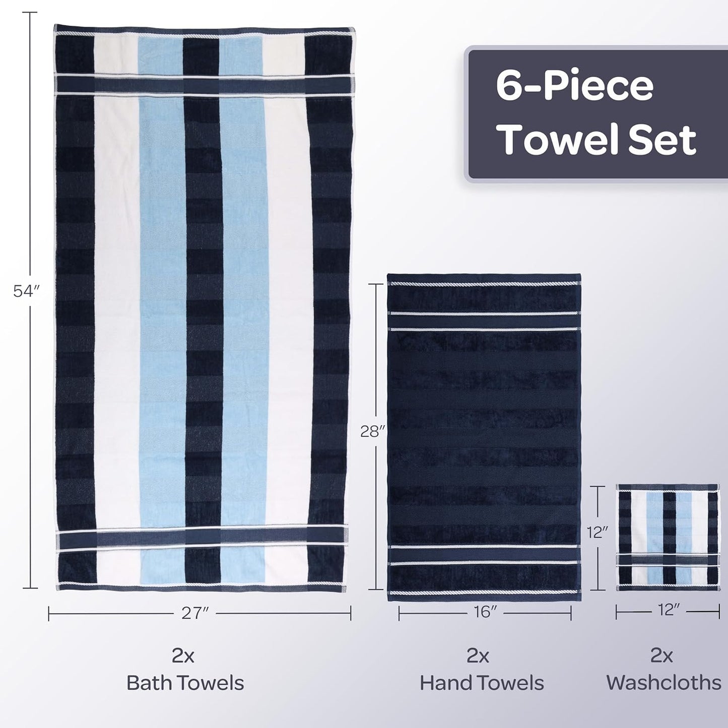 Lavish Home 6 Piece Bathroom Towels Set - Soft 100% Cotton Towels | 525 GSM - Navy Color for Shower & Spa