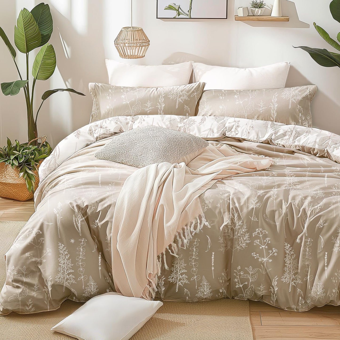 Love's cabin Light Taupe Full Comforter Set - Full Size Comforter Set, 3 Pieces Cute Floral Bedding Sets for All Seasons,1 Soft Reversible Botanical Flowers Comforter and 2 Pillow Shams