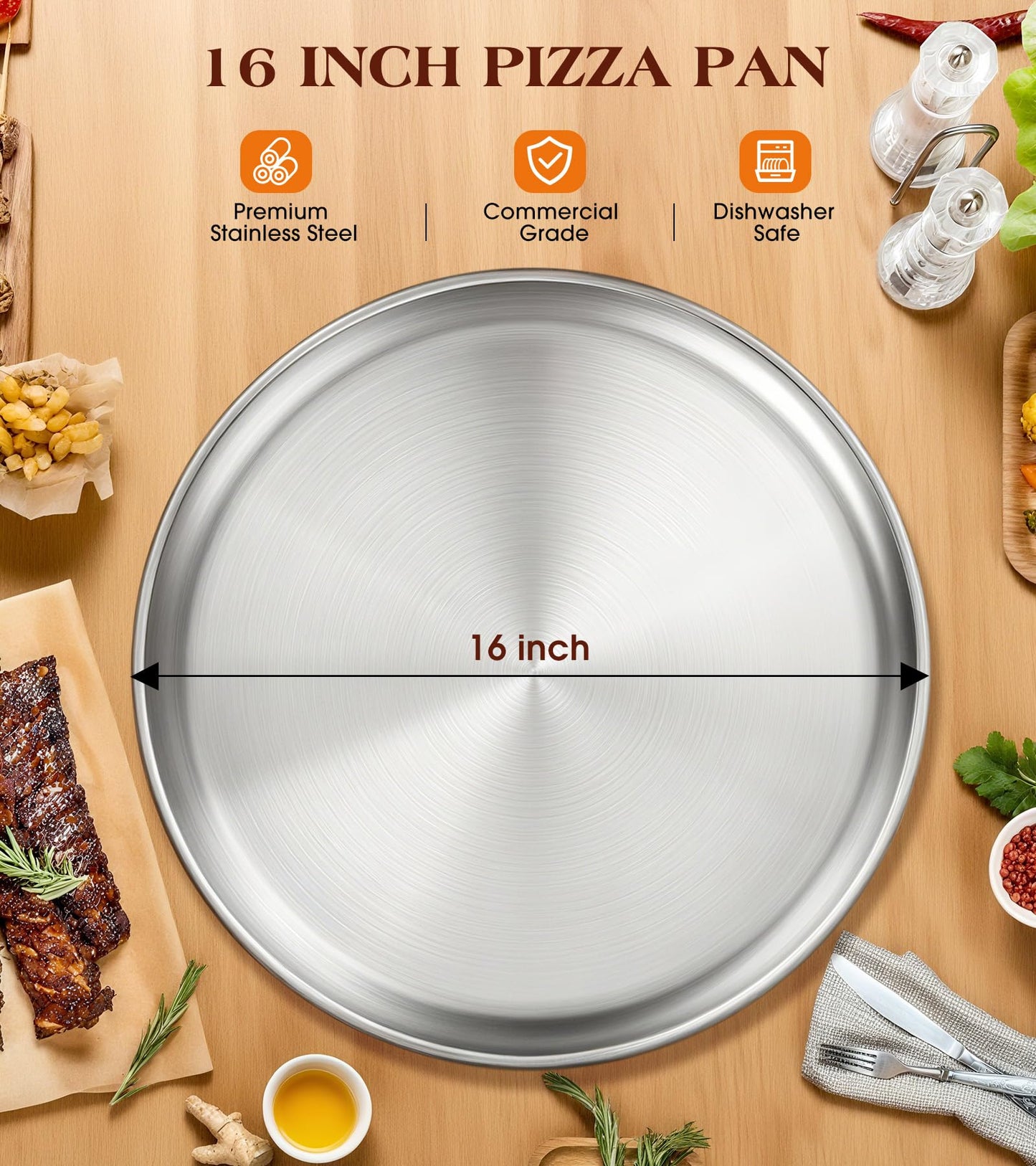 Yuiicaov Stainless Steel Pizza Pan 16 inch, Pizza Pan for Oven, Steel Pizza Tray, Thick Round Pizza Plate Pizza Baking Sheet, Easy Clean & Dishwasher Safe, Set of 1