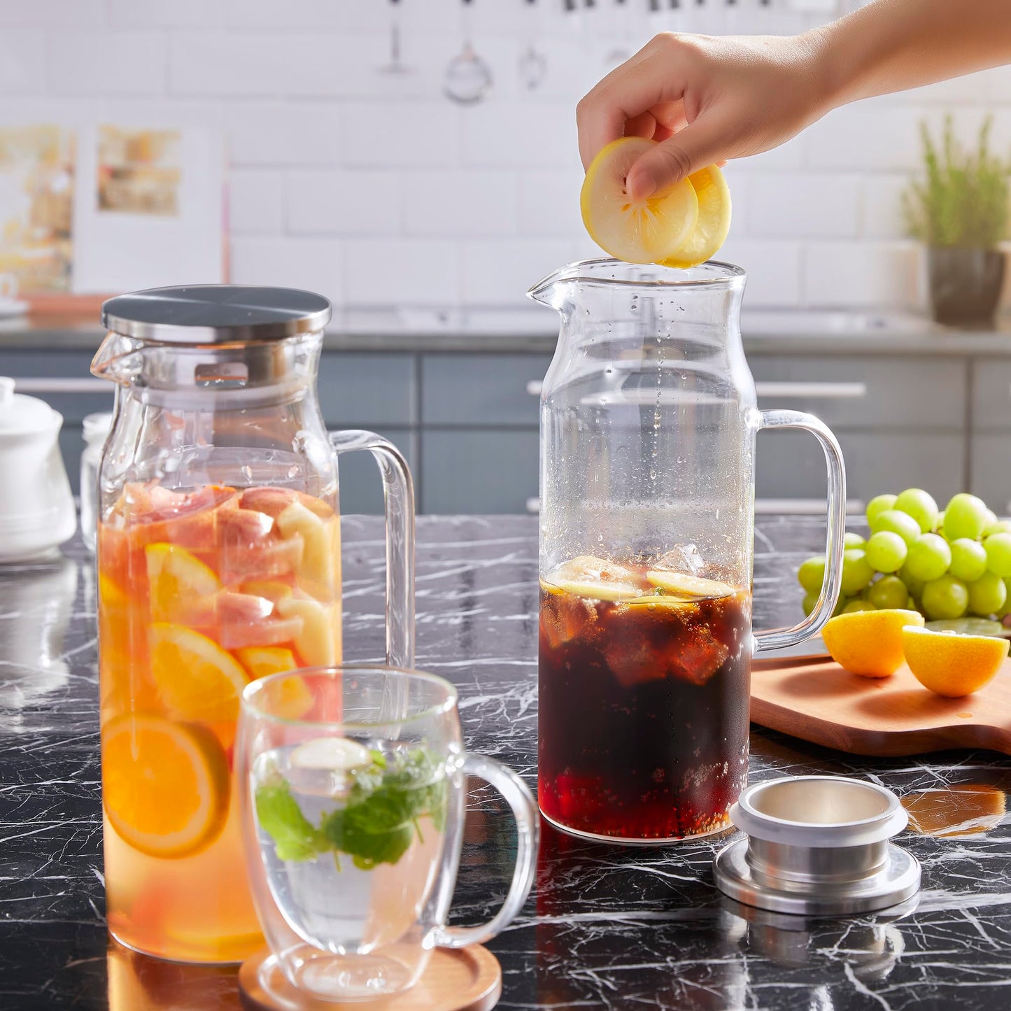 Bivvclaz 1.6 Liter 54 oz Glass Pitcher with Lid and Handle, Glass Carafe Water Pitcher for Hot/Cold Water, Iced Tea, Drinks, Coffee, Juice and Homemade Beverage