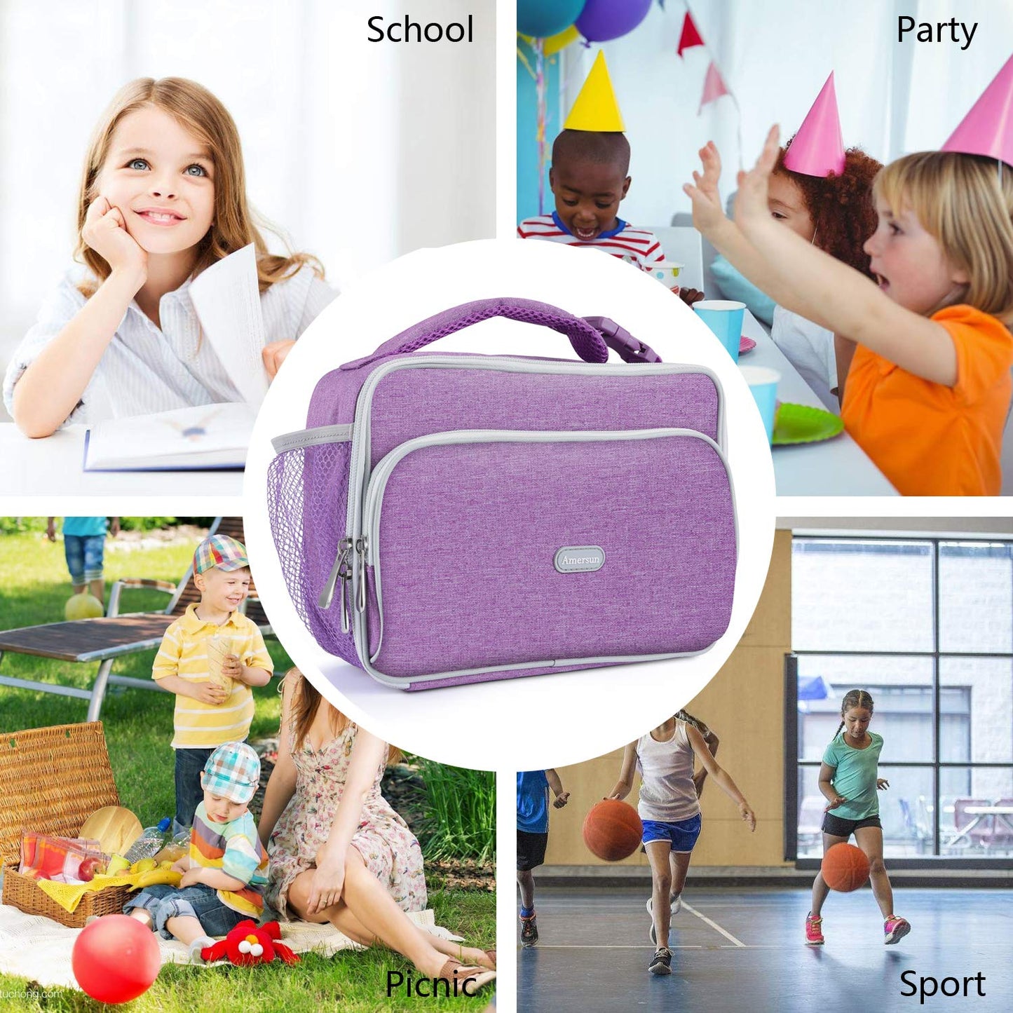 Amersun Kids Lunch Box, Insulated School Lunch Bag with Padded Liner Keep Food Warm Cold for Long Time,Water-resistant Thermal Travel Office Lunch Cooler for Girls Boy-2 Pocket,LB005-P