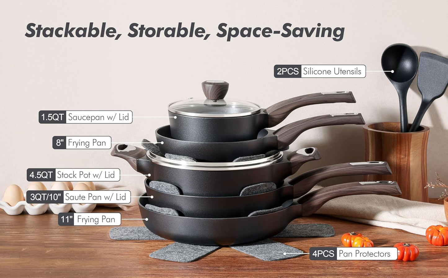 SENSARTE Non-Stick Cookware Set - 14-Piece Healthy Induction Pots and Pans | PFOA-Free, Black