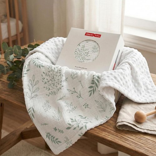 GLLQUEN Baby Blanket - Soft Muslin Cotton Front with Dotted Fleece Backing | Unisex Greenery Design, 30 x 40 Inches