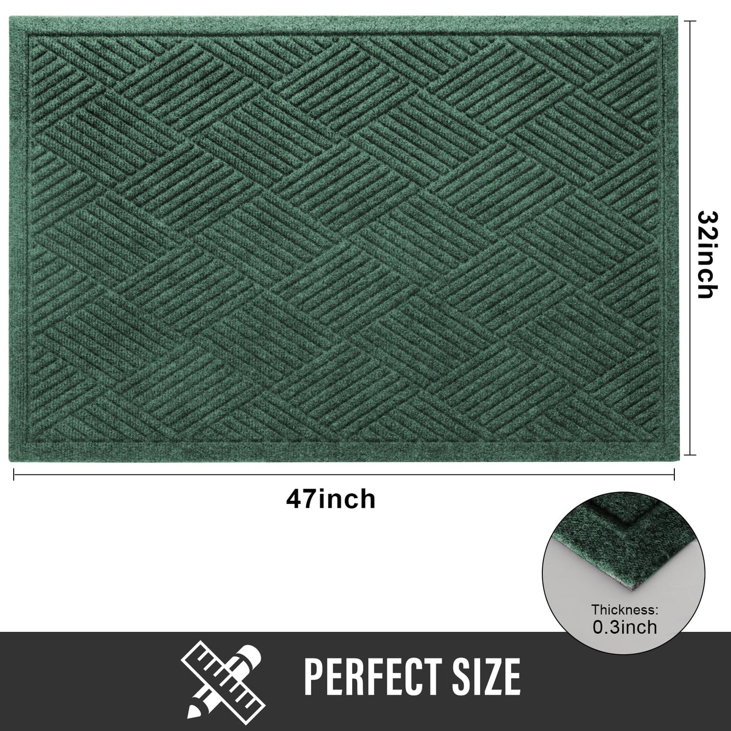 HIYARD Sturdy Front Door Mat, Absorbent Muddy Dirt Resist Welcome Door Mats Outdoor Indoor, Stain and Fade Resistant, Non-Slip Rubber Backing Low Profile Doormat for Entryway, 47×32, Green