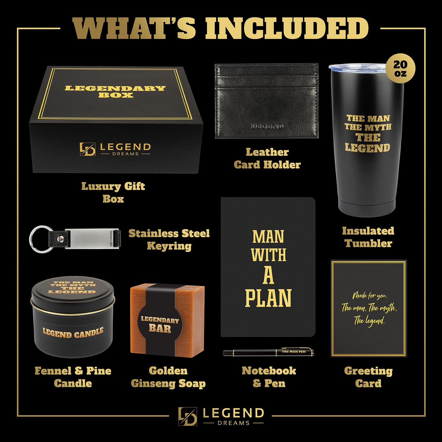 Legend Dreams Birthday Gifts for Men: 9 Premium Items, Perfect for Dad, Husband, Boyfriend, Boss, Friend, Brother or Grandpa – Legendary Gift Set to Celebrate Valentine's Day