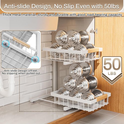 ADBIU Under Sink Organizer - Adjustable 2-Tier Pull-Out Storage Drawers (11"-15.75") | Heavy-Duty Metal, White