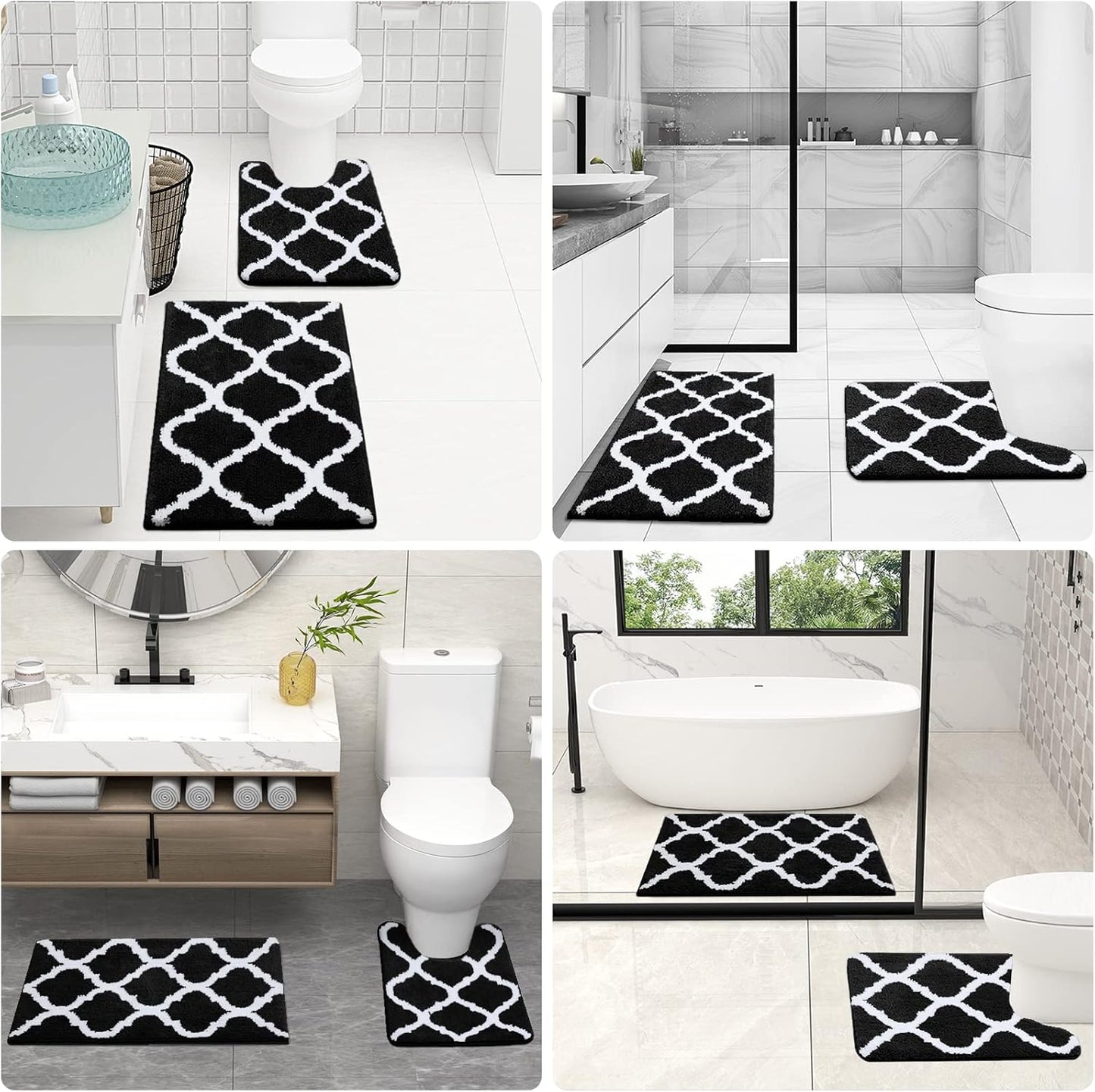 OLANLY Bathroom Rugs Set - 2-Piece Microfiber Bath Mat & U-Shaped Toilet Rug | Non-Slip, Machine Washable, Black (30"x20" + 24"x20")