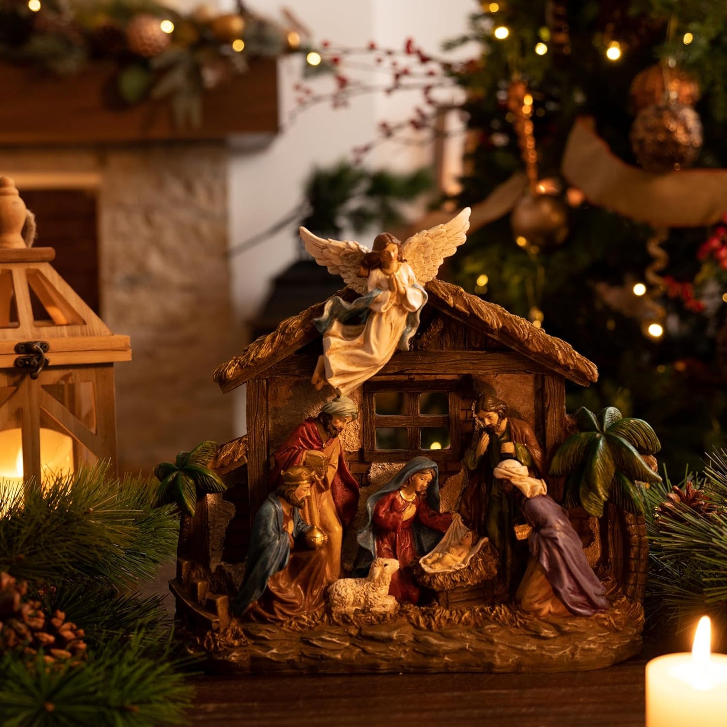 Valery Madelyn Nativity Figurines Set - LED Lights & Red Gold Holy Family | 10.6 Inch Resin Manger Decor