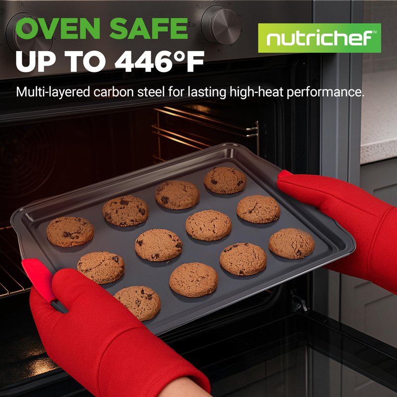 NutriChef 3-Piece Large Nonstick Cookie Sheets for Baking | Premium Food-Grade Carbon Steel, Non-Stick Tray Set with Silicone Handles, Oven Safe up to 446°F | Easy to Clean, 17.2 x 11.8 x 0.7 Inch