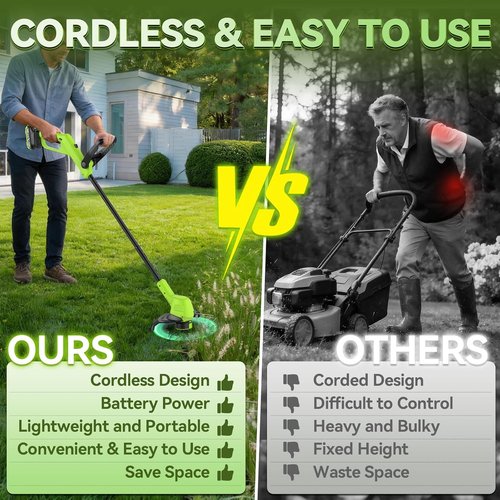 GOODJOB 20V Cordless Weed Wacker - Ultra-Lightweight 3-in-1 String Trimmer & Lawn Edger with 180° Pivoting Head | Includes (2) 2.0Ah Batteries