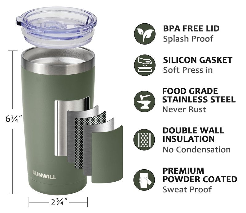 SUNWILL Travel Coffee Tumbler 20 oz, Insulated Mug with Lid, Stainless Steel Iced Cup for Outdoor, Powder Coated Camp Green