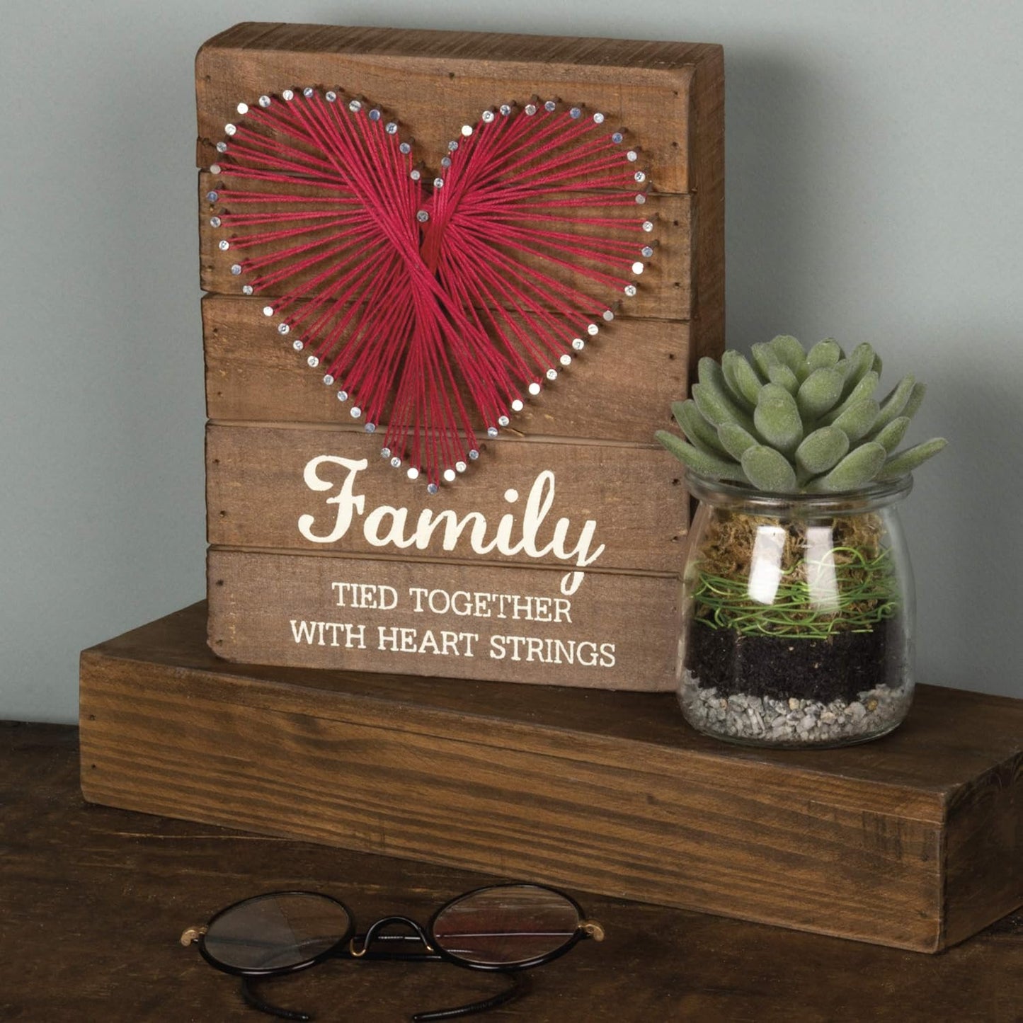 Family Tied Together Distressed Wood Sign - Hand-Strung Heart Wall Art & Desk Decor