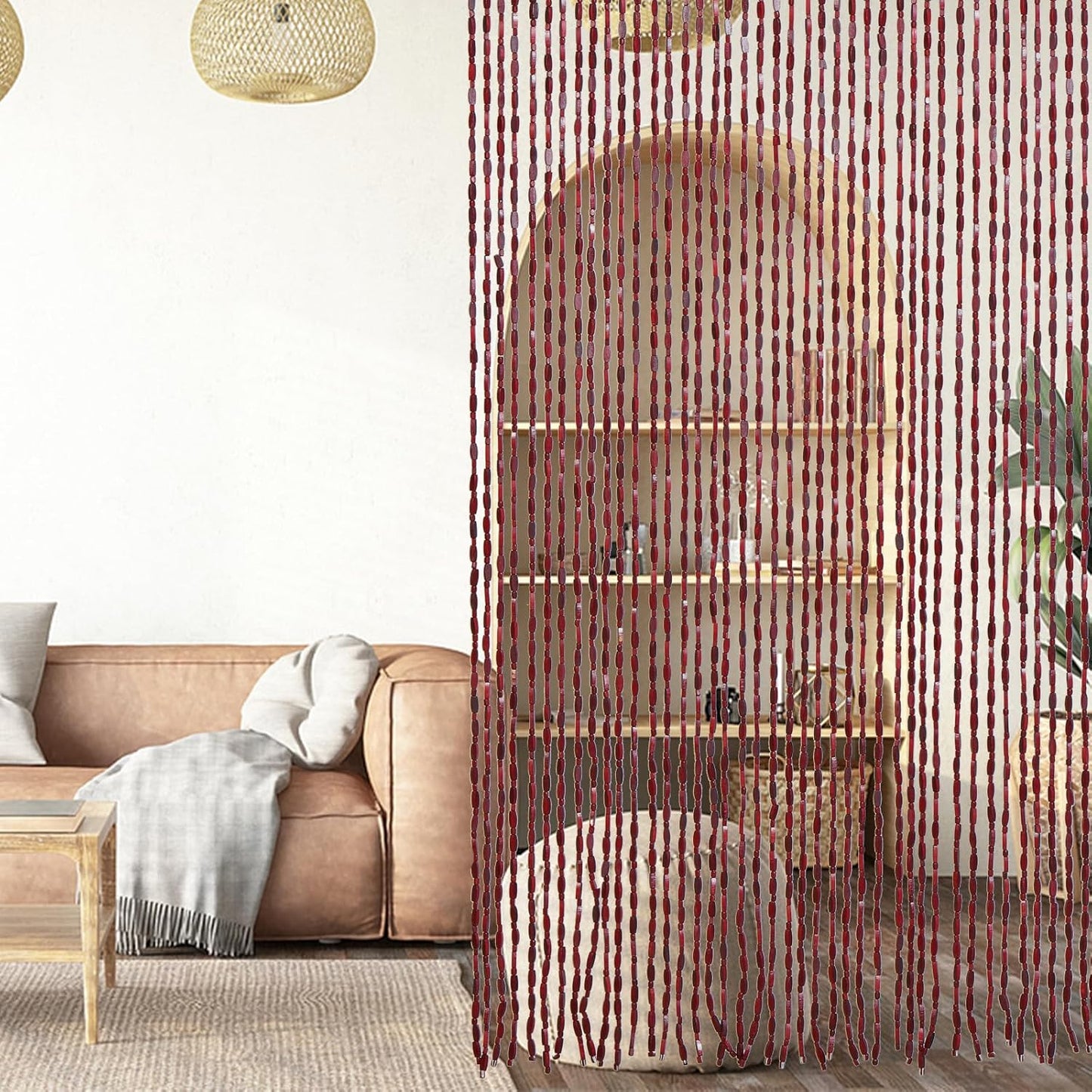 35.5" x 75" Bamboo and Wood Beaded Curtain for Doorway 52 Strands Handmade Bohemian Door Beads Curtain Boho Hanging Room Divider for Bedroom Living Home Deco, Beige