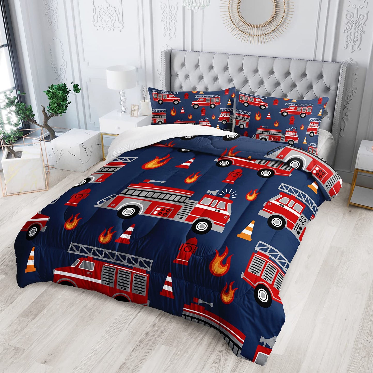 QOOMO Fire Truck Kids Comforter Set, 3Pcs Bedding Set, Full Size, Printed Comforter with 2 Pillowcases, Down Alternative, Soft and Lightweight, for All Seasons