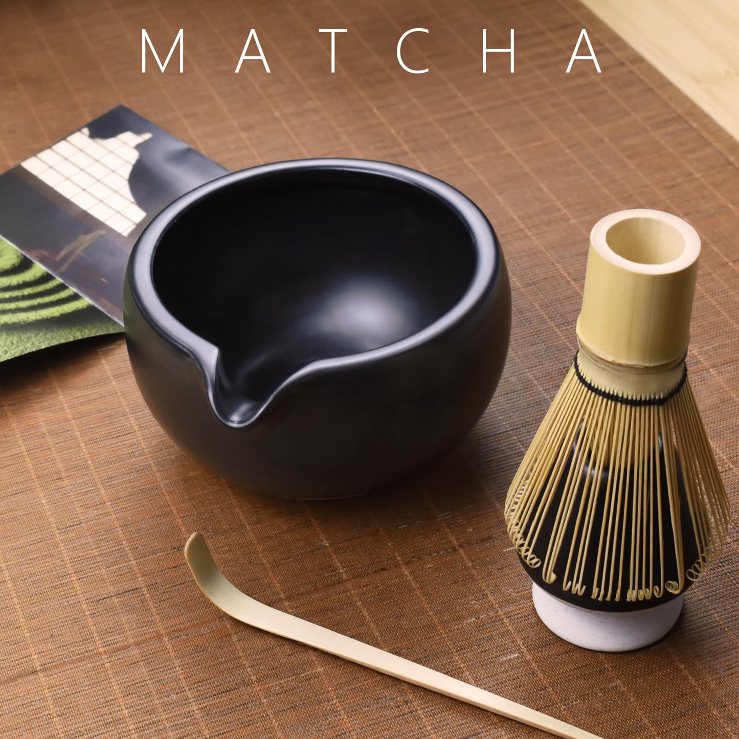Artcome 7 Pcs Complete Matcha Tea Ceremony Kit for Tea Ceremony, Bowl with Pouring Spout, Whisk, Tea Scoop, Matcha Powder Strainer, Matcha Tea Set For Making Usucha, Koicha and Matcha Latte (Black)
