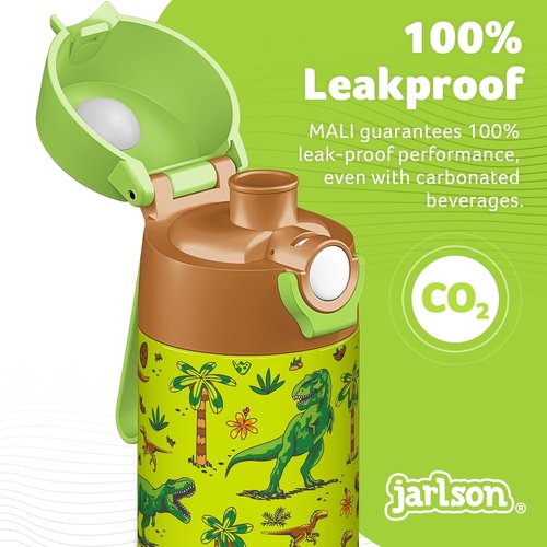Jarlson® Kids Water Bottle MALI - Insulated 18oz Stainless Steel Thermo Bottle | Leak Proof for School & Sports (Dinosaurs)
