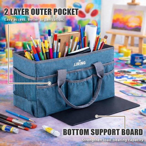 JJRING Large Art Supply Tote Bag - Sturdy Craft Organizer with 2 Mesh Pockets & Elastic Front | Green, Foldable Design