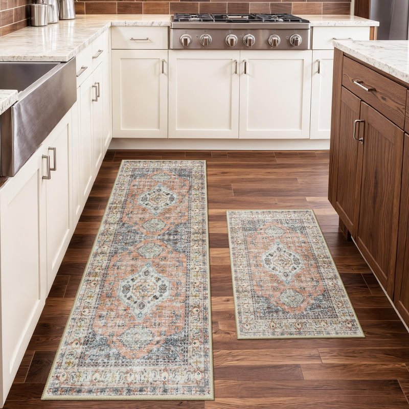 LEEVAN Kitchen Rug Set of 2, Washable Non Slip Kitchen Mat, Vintage Orange Runner Rug, Soft Standing Mat, 20''x31'+20''x47''