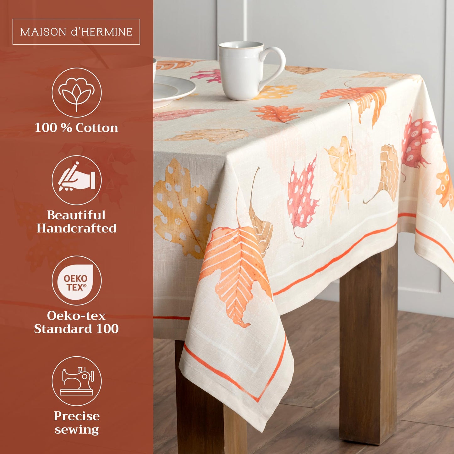 Maison d' Hermine Table Cloth Rectangle Table 100% Cotton 70 x 120 Inches Fall Tablecloth Reusable Everyday Use for Thanksgiving Christmas Decorations Dining Farmhouse Party (Colours of Autumn)