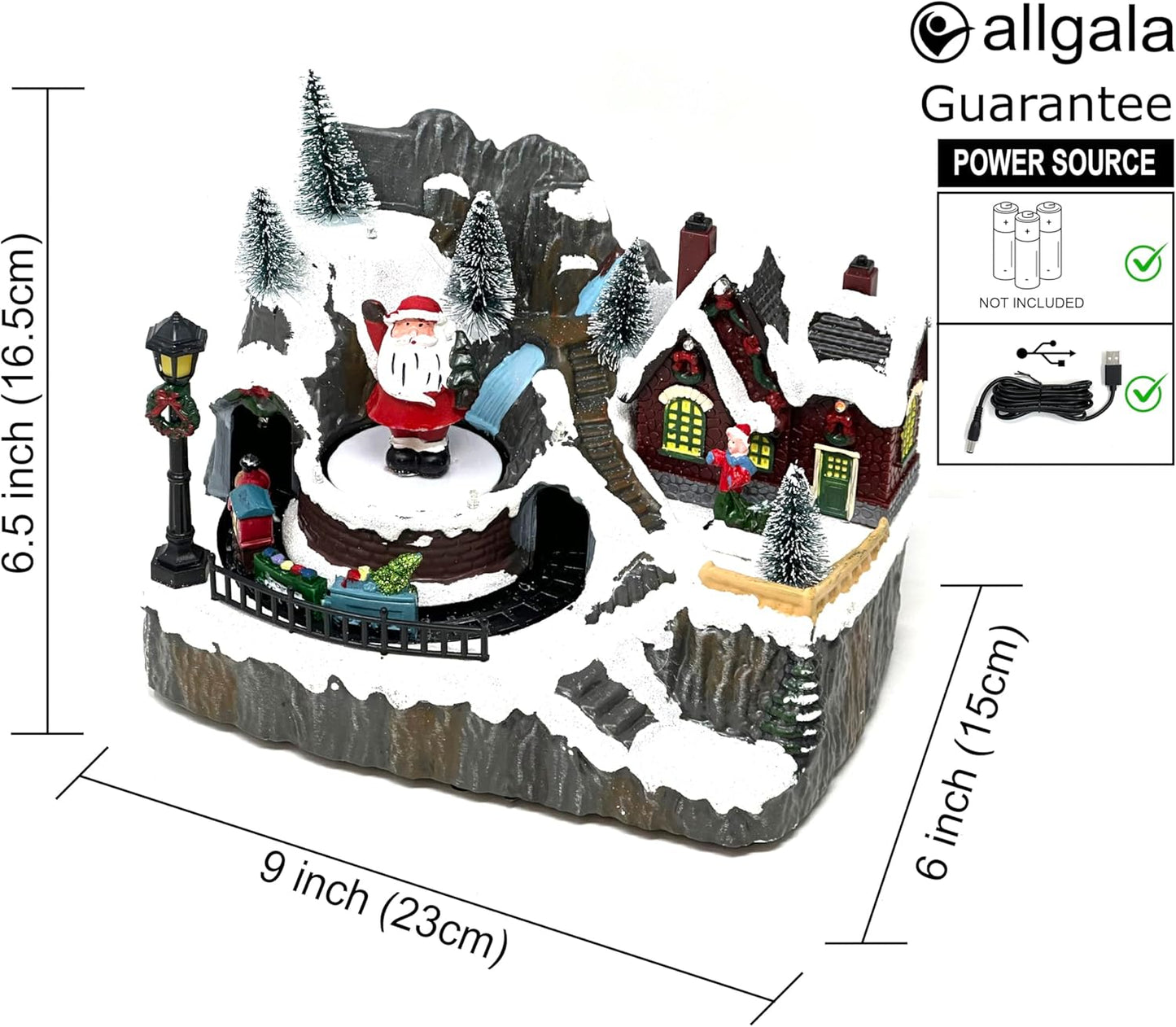 allgala Christmas Village House Crafted Polyresin Christmas House Collectable Figurine with USB and Battery Dual Power Source-Moving Train and Santa-XH93447